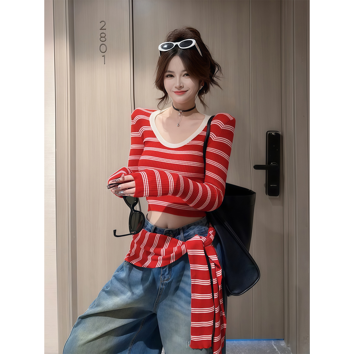 纯欲气质V领撞色条纹针织长袖上衣女早秋新款外搭披肩上衣两件套