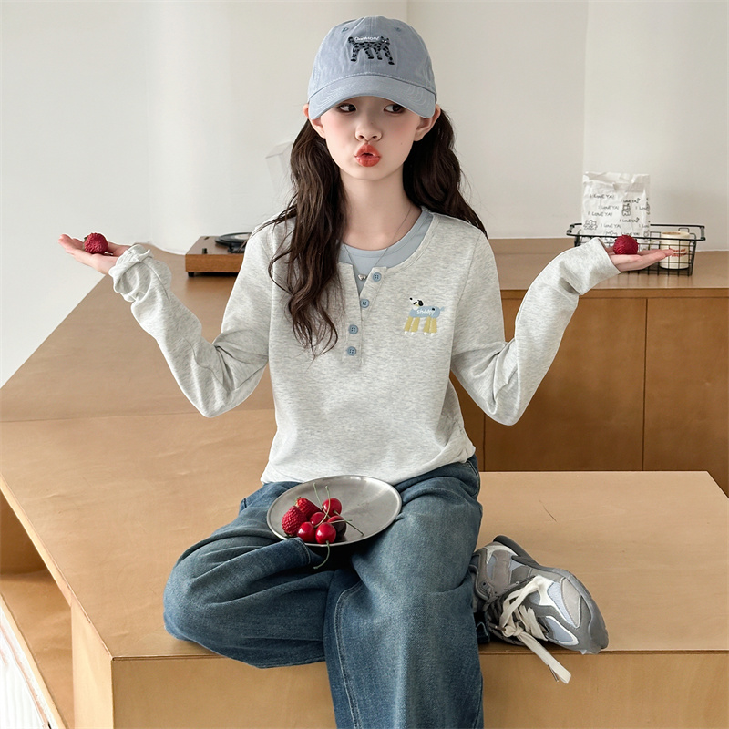 秋款套装女童2025新款超好看儿童洋气假两件上衣女大童牛仔裤春秋