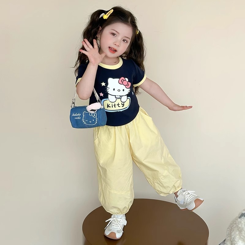 女童夏季洋气套装女孩宽松束脚裤宝宝卡通风短袖上衣休闲时髦百搭