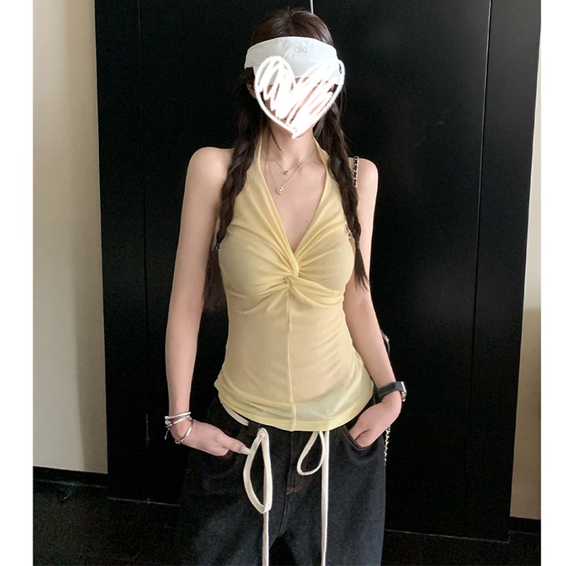 纯欲辣妹V领纽结挂脖背心吊带女夏季新款修身显瘦设计感小众上衣