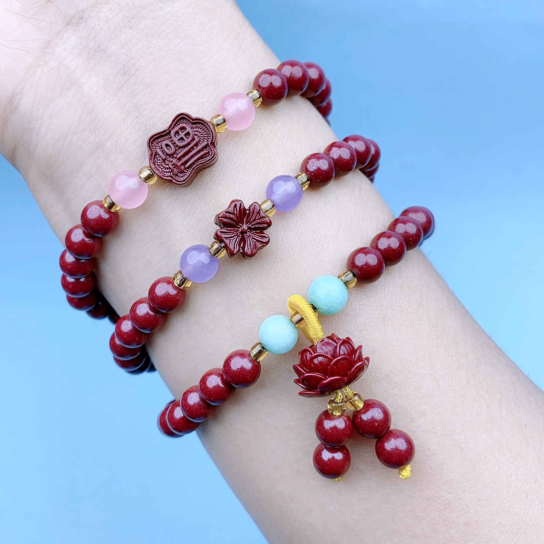 含辰砂工艺品高含量朱砂莲花三圈手串