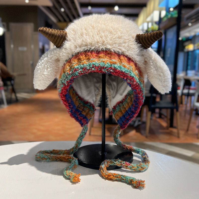 韩版可爱小羊毛绒帽女秋冬季保暖绑带针织护耳帽百搭套头雷锋帽HR