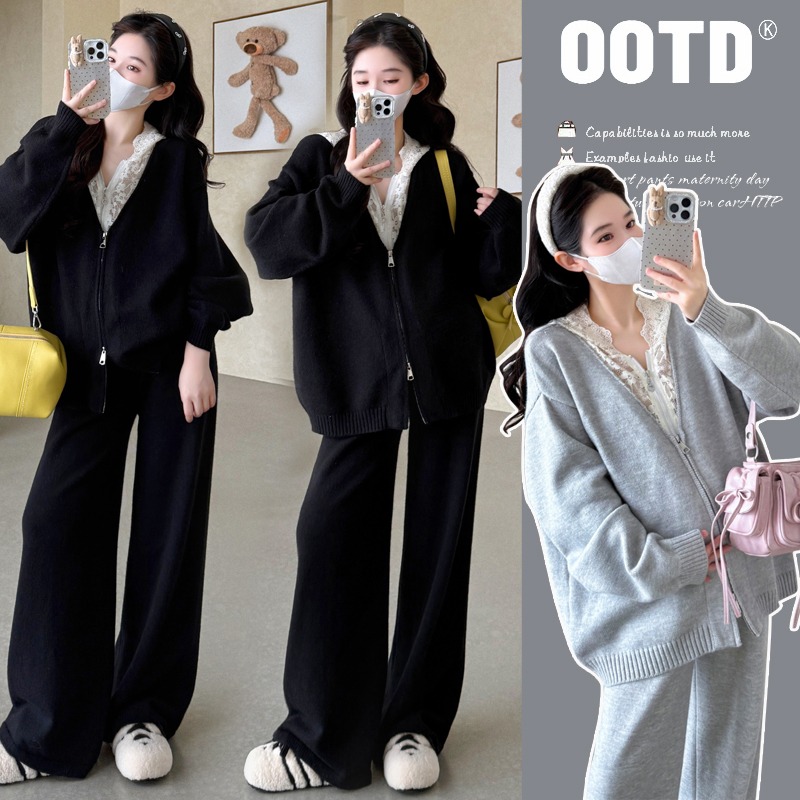 孕妇装秋冬季简约百搭套装蕾丝拼接连帽外套宽松阔腿裤针织两件套