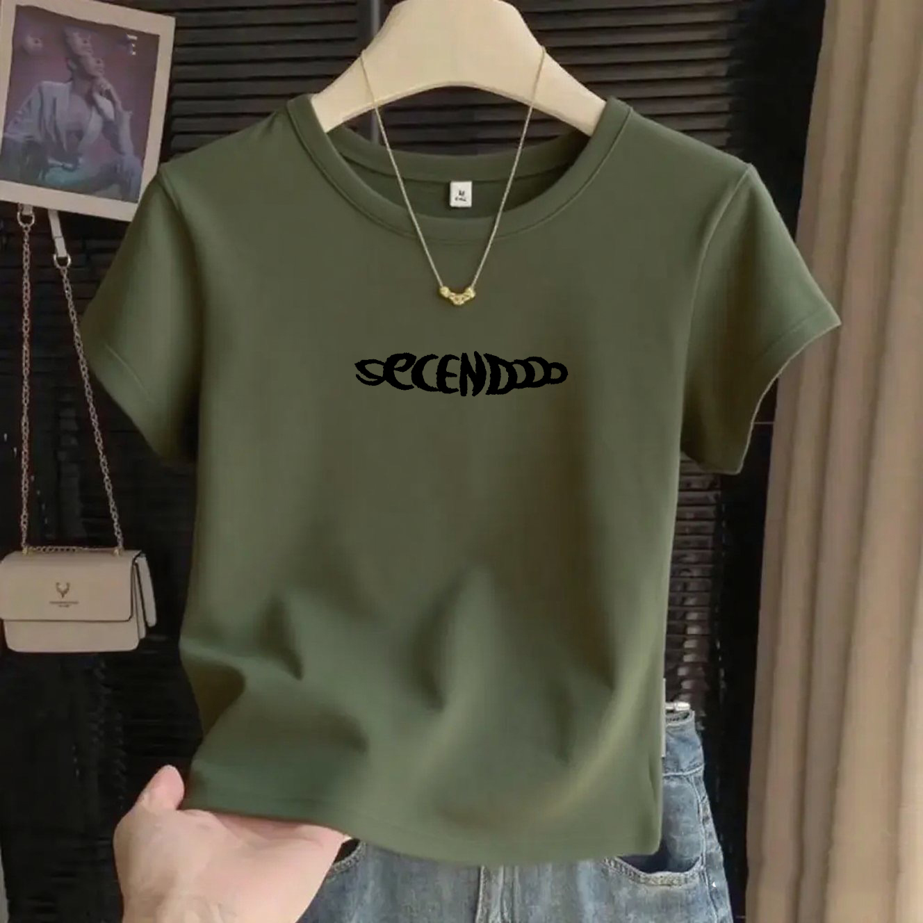 基础款圆领军绿搭工装裤棉质显瘦修身透气弹力女T恤复古军绿女士