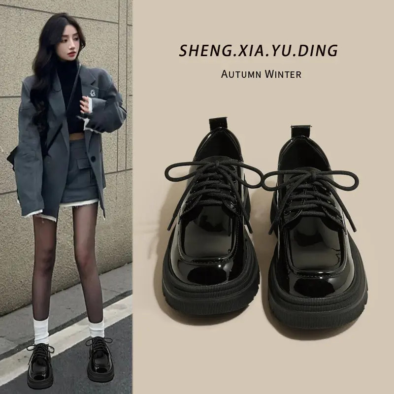 三福小皮鞋女单鞋2025春秋新款鞋子系带厚底春秋百搭英伦风乐福鞋