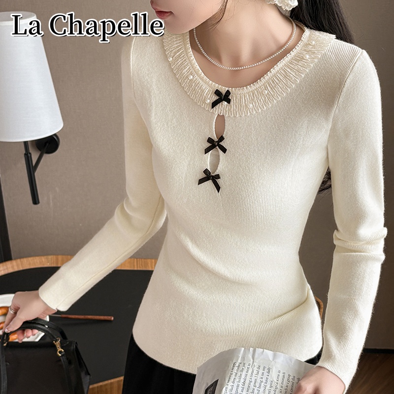 拉夏贝尔秋冬圆领缕空蕾丝边钉珠打底针织衫百搭显瘦长袖内搭上衣