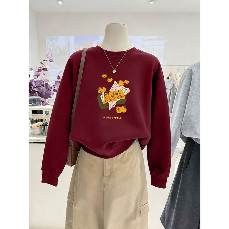 春秋新款爆款酒红圆领卫衣女2026新年衣服马年本命年加绒保暖上衣