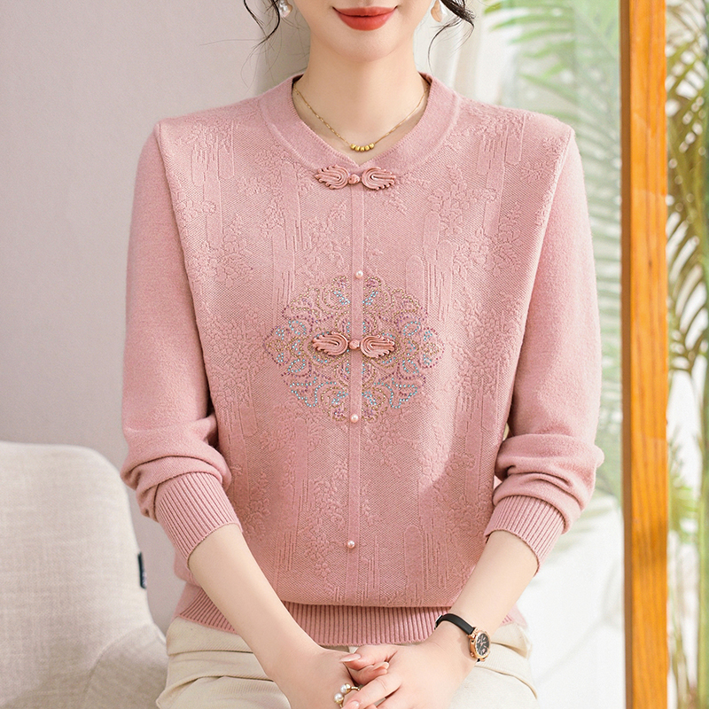妈妈装气质高贵常规款旗袍领中老年女装民族风肌理图案高级感毛衣