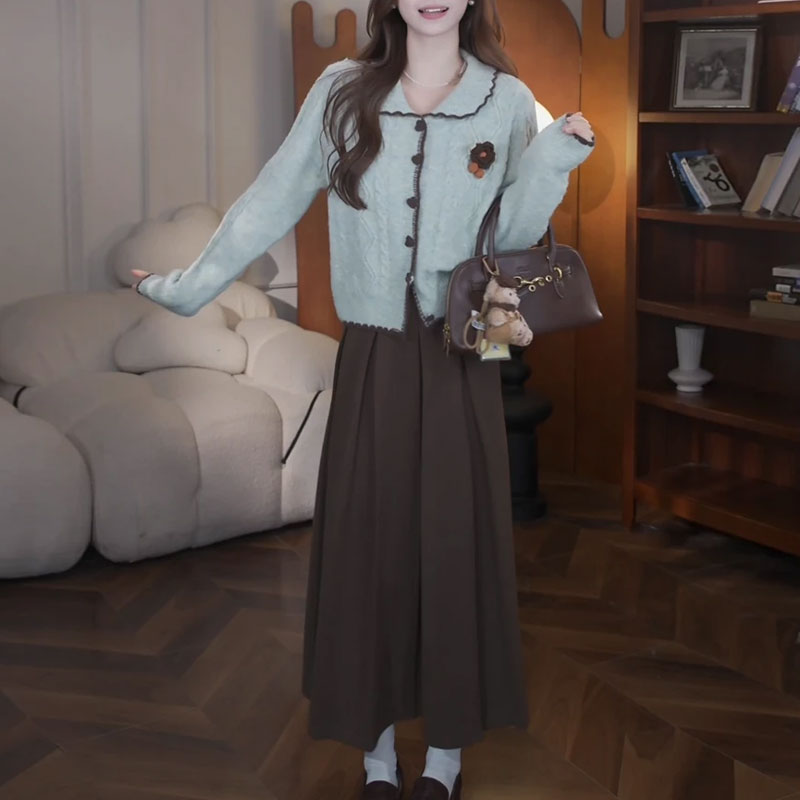 2025秋季新款慵懒风绿色显白开衫百搭半身裙套装女韩系气质两件套