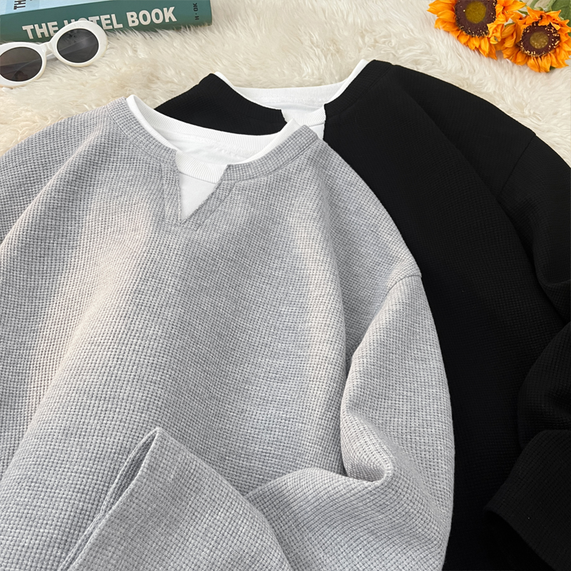 美式复古假两件卫衣男款春秋季新款宽松休闲百搭长袖上衣男装T恤