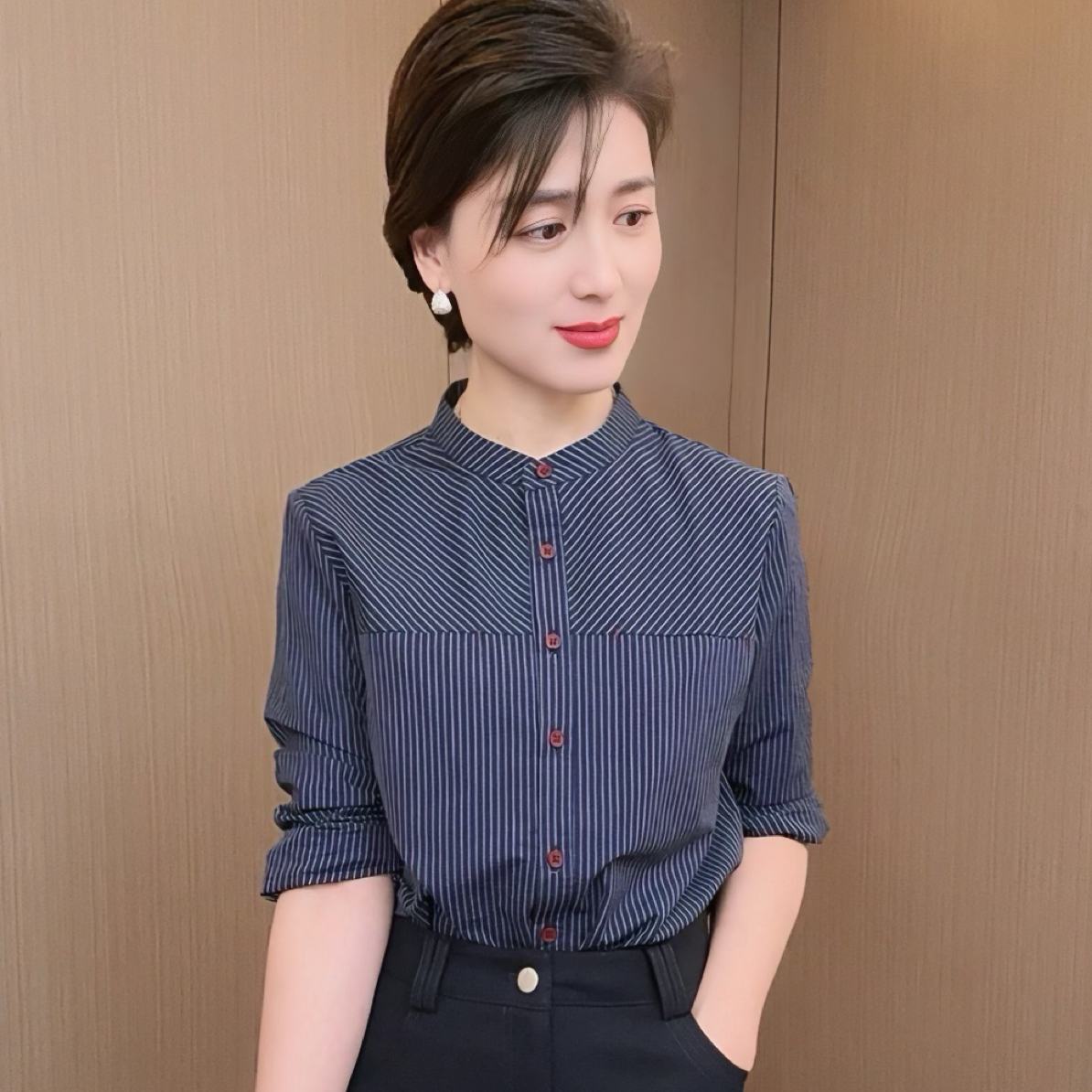 柏澜慧琳【条纹衬衫】秋季新款高级感条纹立领衬衫女士减龄叠穿内搭