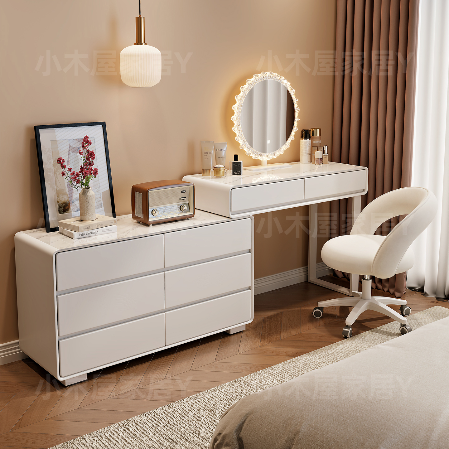 全实木岩板奶油风梳妆台现代简约卧室家用化妆台三斗柜转角柜化妆