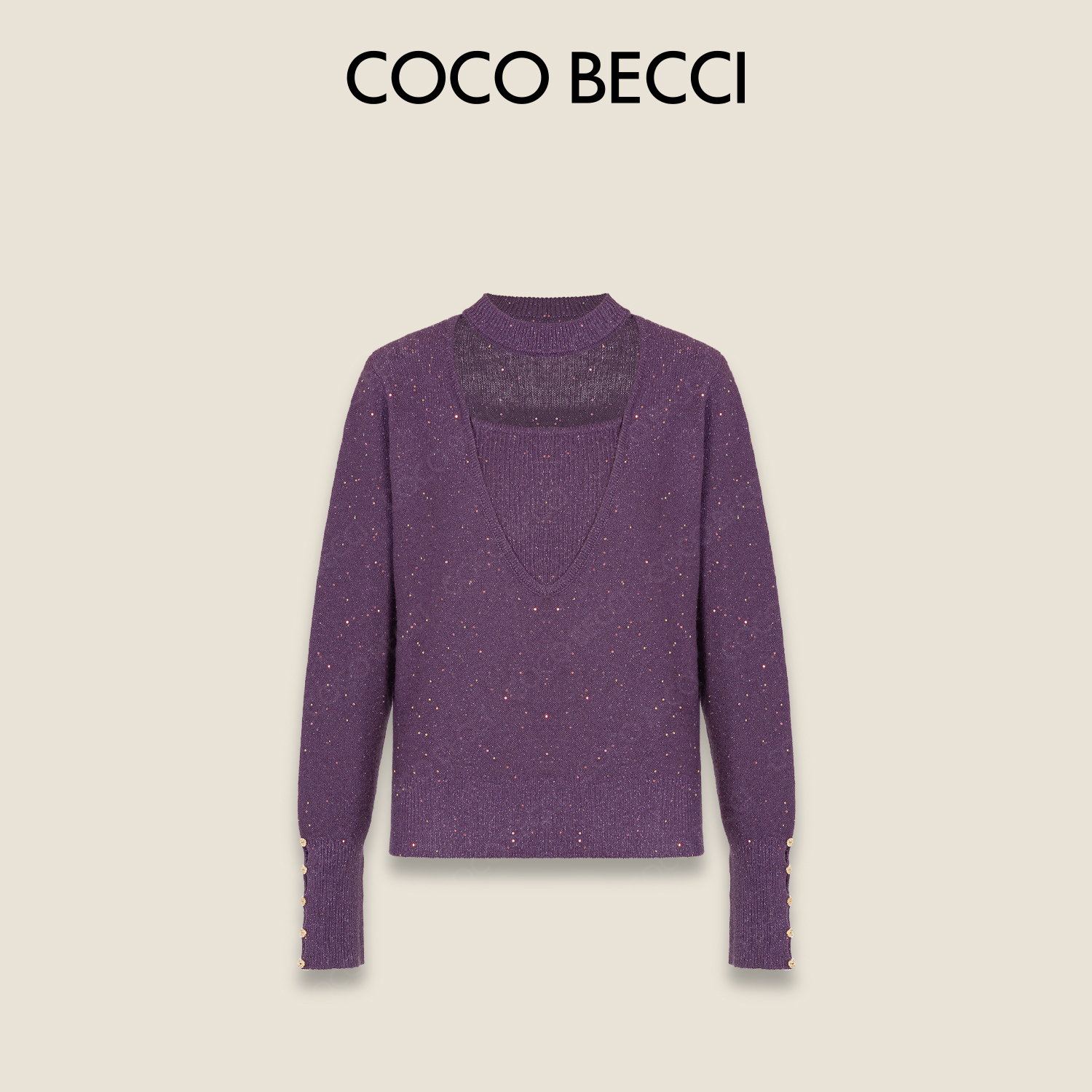 COCO BECCI【天鹅颈】绵羊毛山羊绒V领细闪亮片毛衣CFLJD231368