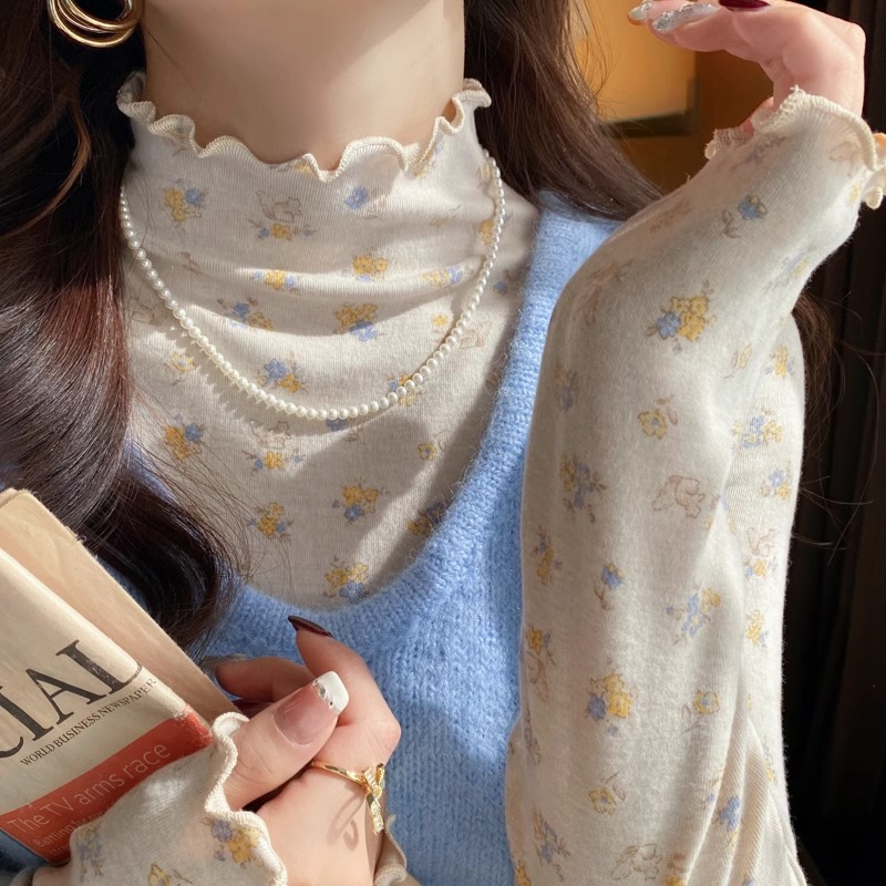 小碎花木耳边加绒半高领打底衫女内搭2025秋冬新款高级感甜美上衣