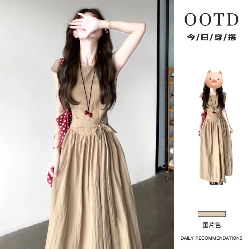 法式高级感短袖连衣裙子女夏季2025年新款绝美巨好看掐腰系带长裙