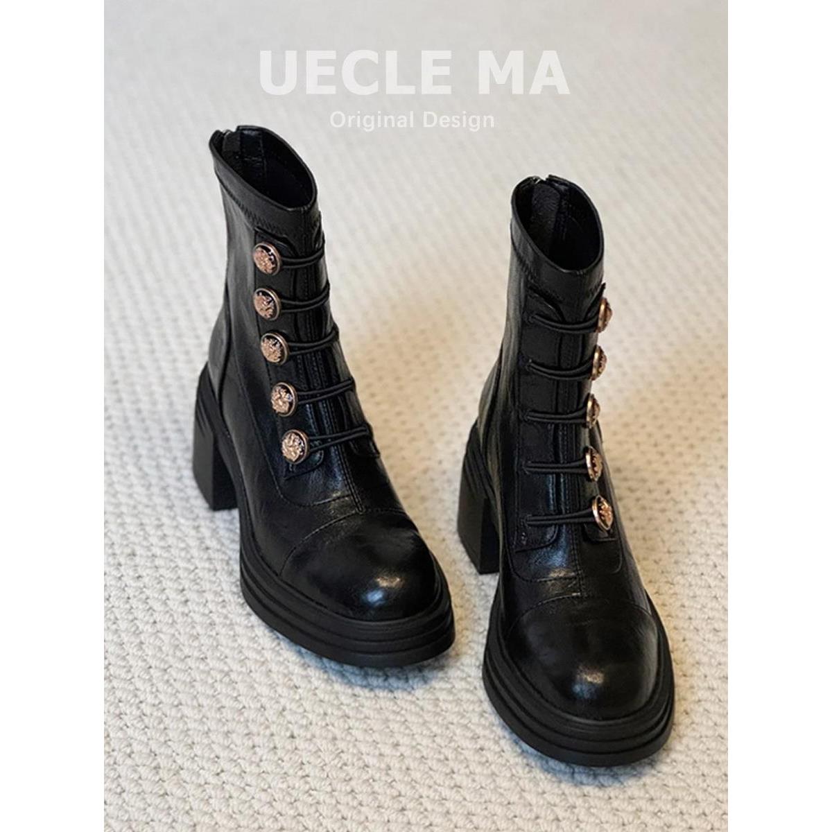 春秋网红高跟马丁靴女英伦风秋冬徽章小金扣粗跟瘦瘦靴厚底短靴