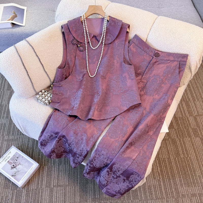 新中式唐装时尚洋气百搭汉服重工提花刺绣盘扣马甲搭配阔腿裤套装