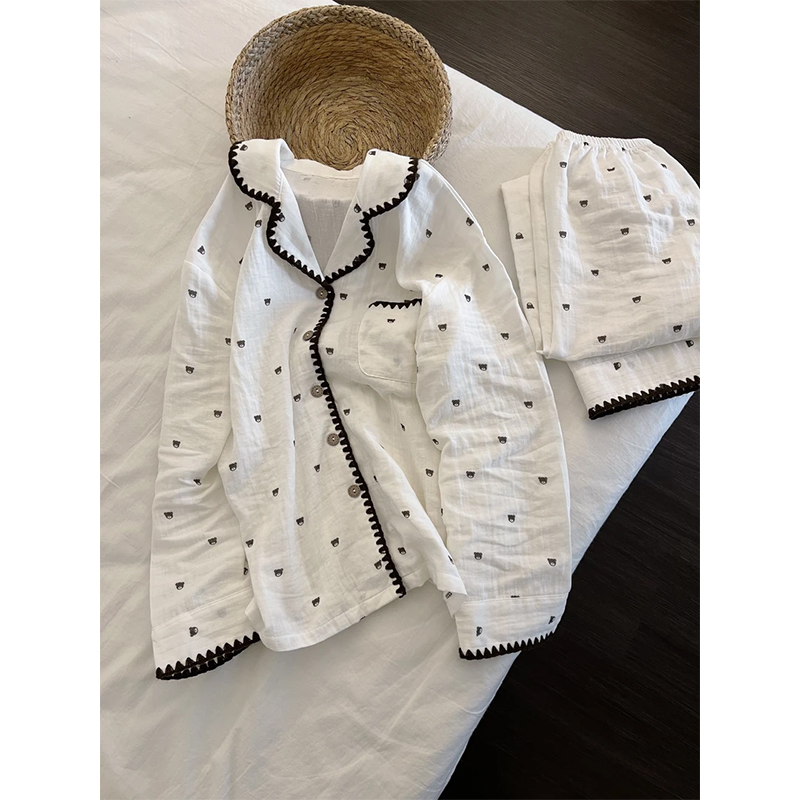 甜美少女卡通印花睡衣女秋季款长袖长裤翻领撞色花边家居服两件套