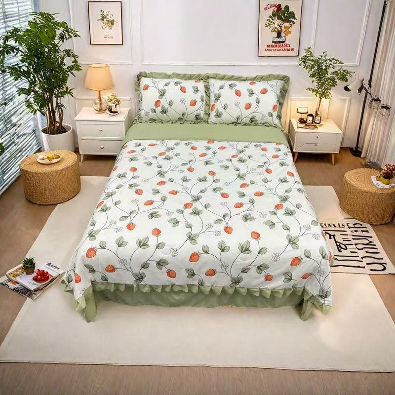 韩版花边夏被四件套针织夏被可机洗被芯床单双人空调被床上四件套