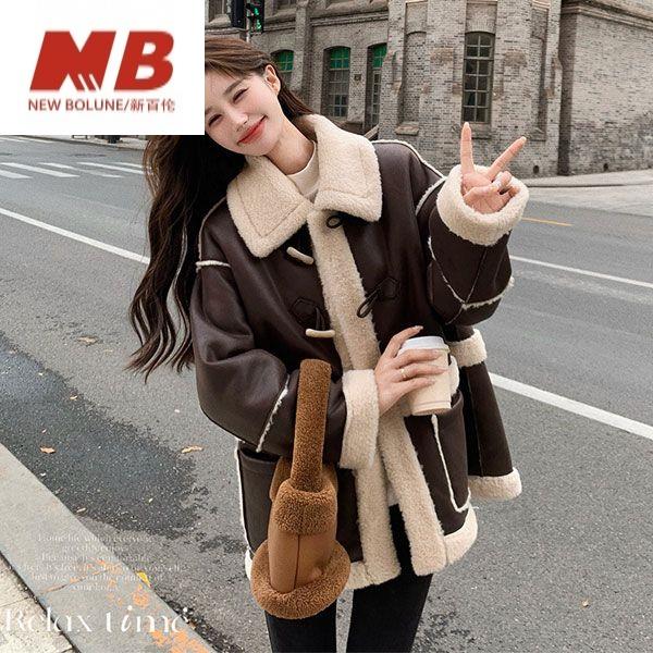 新百伦【奥莱撤柜】咖色复古美拉德羊羔毛外套女2025冬季新款韩版