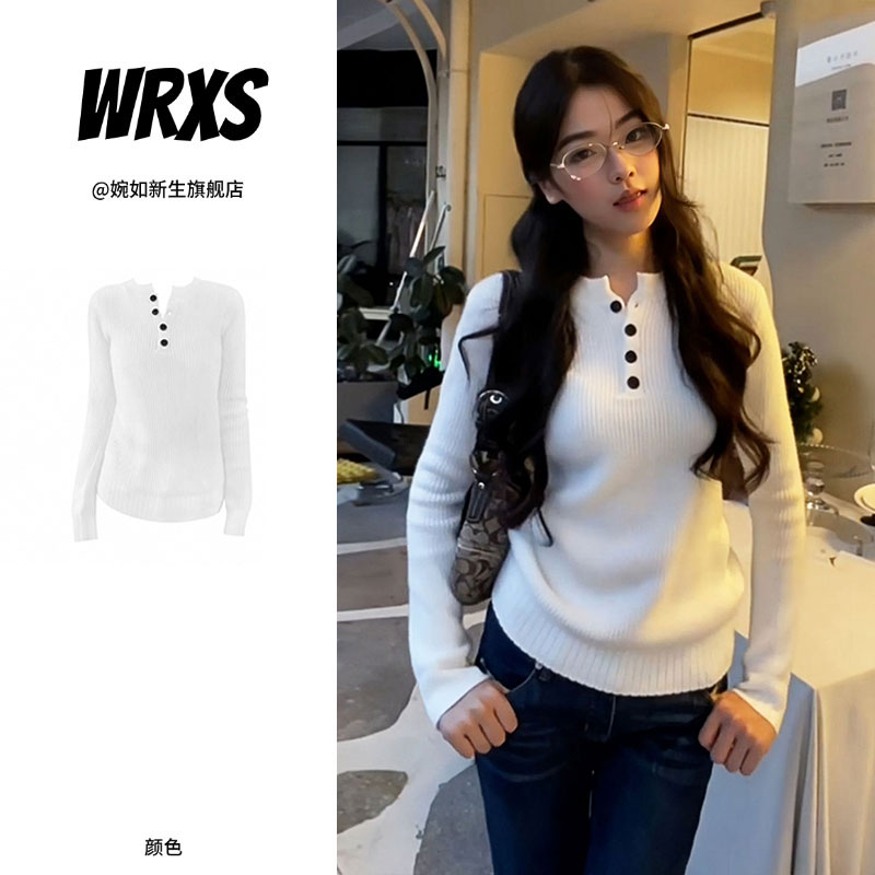 【婉如新生】美式辣妹亨利领毛衣女秋季白色针织打底衫修身上衣潮