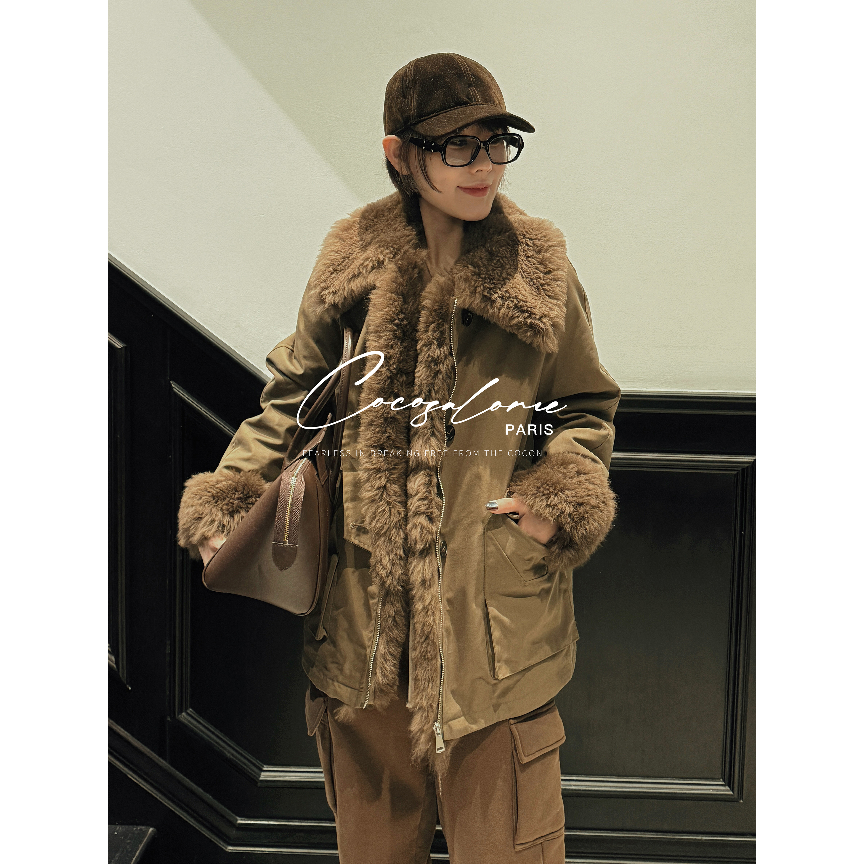 韩彬彬"挪威森林"90白鹅绒拼接羊羔毛冬季保暖羽绒服派克服3457-8