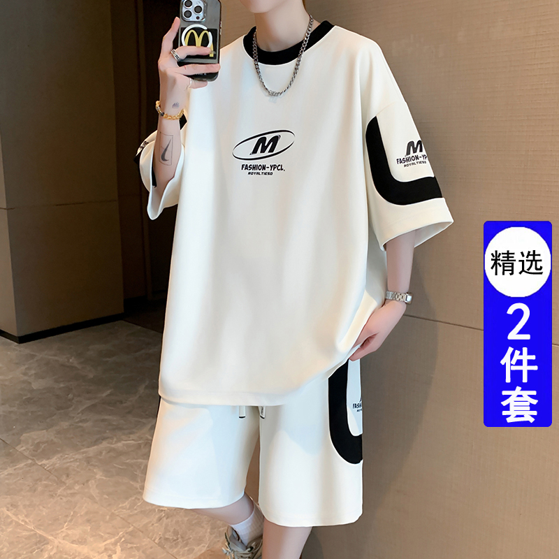 夏季新款男士休闲短袖T恤套装港风青少年学生帅气宽松百搭两件套