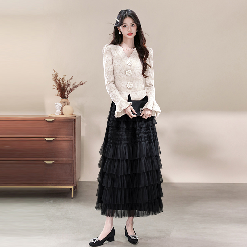 十三行品质秋装新款v领长袖蕾丝上衣网纱半身裙两件套连衣裙