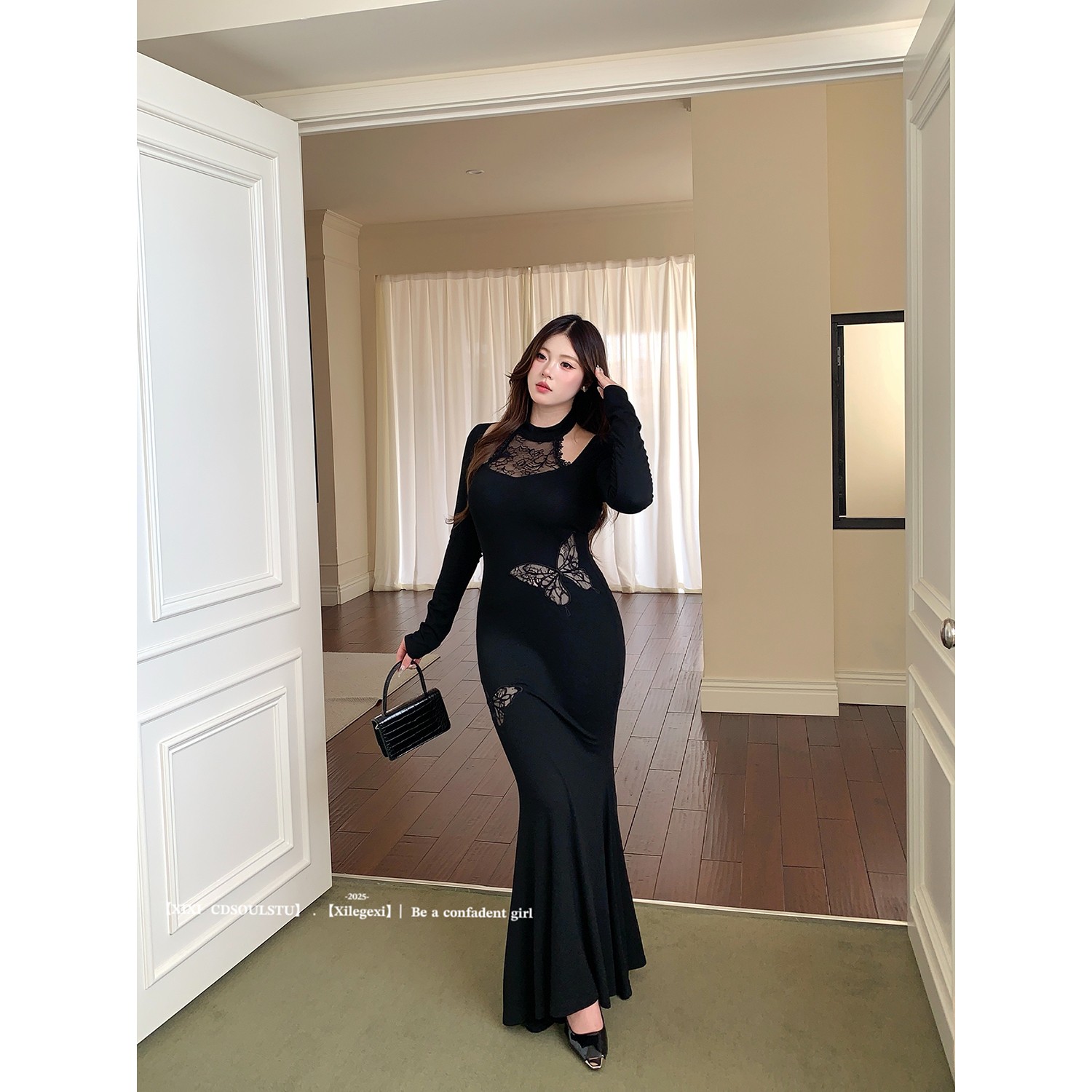 CD.soul【致命夜蝶】 微胖大码蕾丝镂空蝴蝶性感鱼尾长裙秋