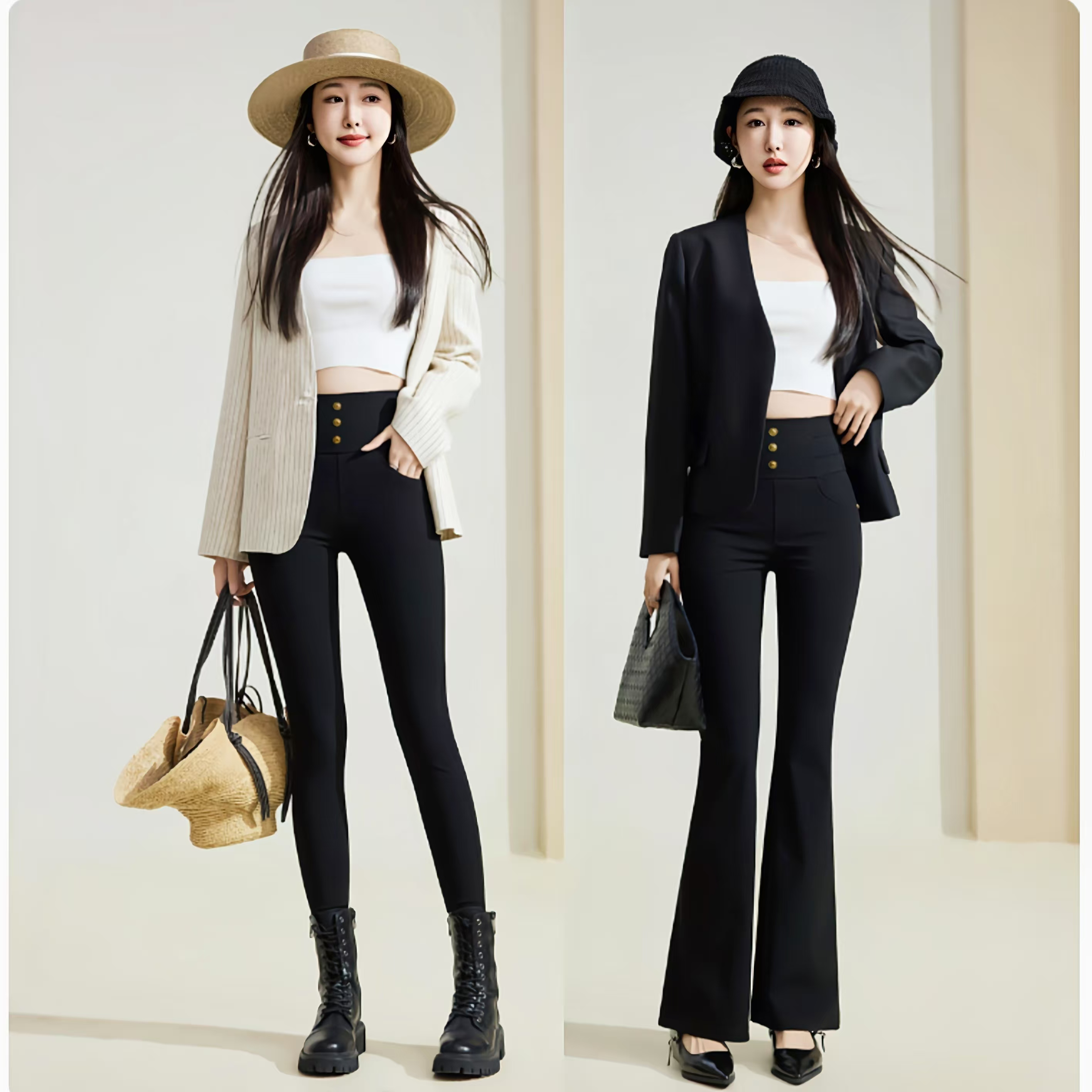 JJ070大码秋冬弹力打底高腰修身显瘦时尚休闲微喇裤黑色小黑裤