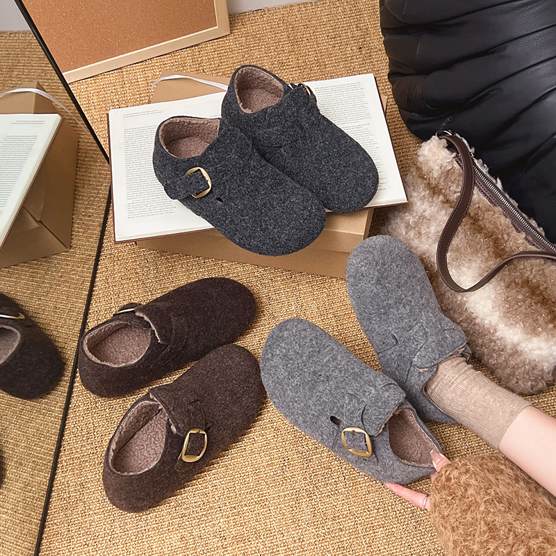 仙女风加绒保暖玛丽珍鞋女秋冬新款乐福鞋保暖圆头一脚蹬豆豆鞋子