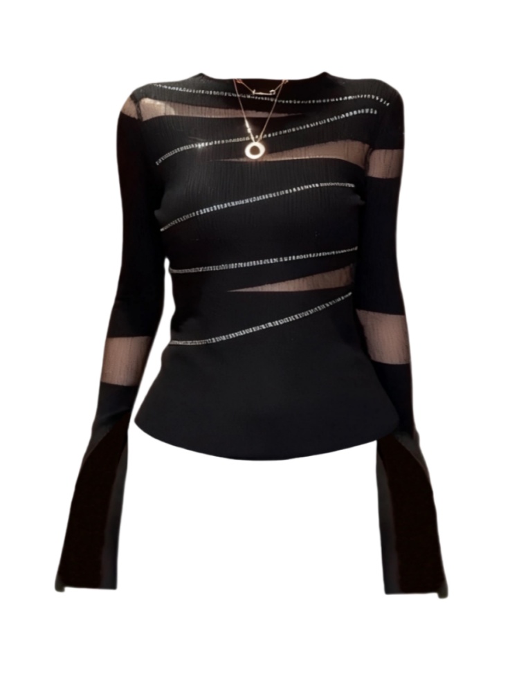 新款潮流女装大码纯欲性感镶钻针织衫女设计感独特别致打底衫上衣
