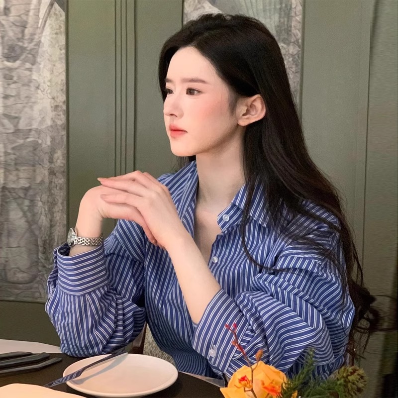 【杭州四季青好货】蓝色条纹长袖衬衫女春季宽松叠穿衬衣高级感上衣