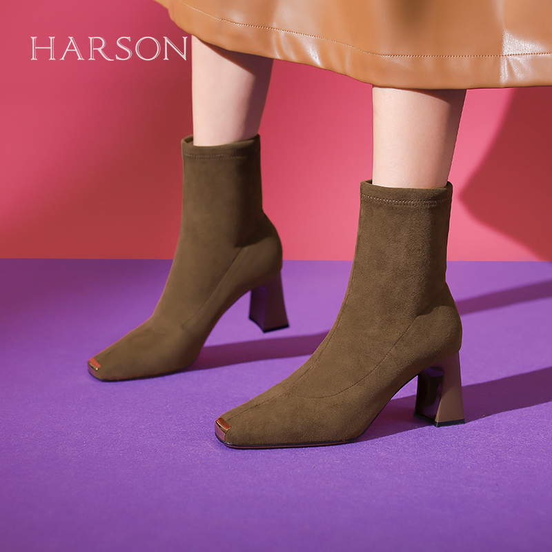 哈森秋冬爆款粗高跟弹力瘦瘦靴气质时尚方头百搭裸靴HWA230201