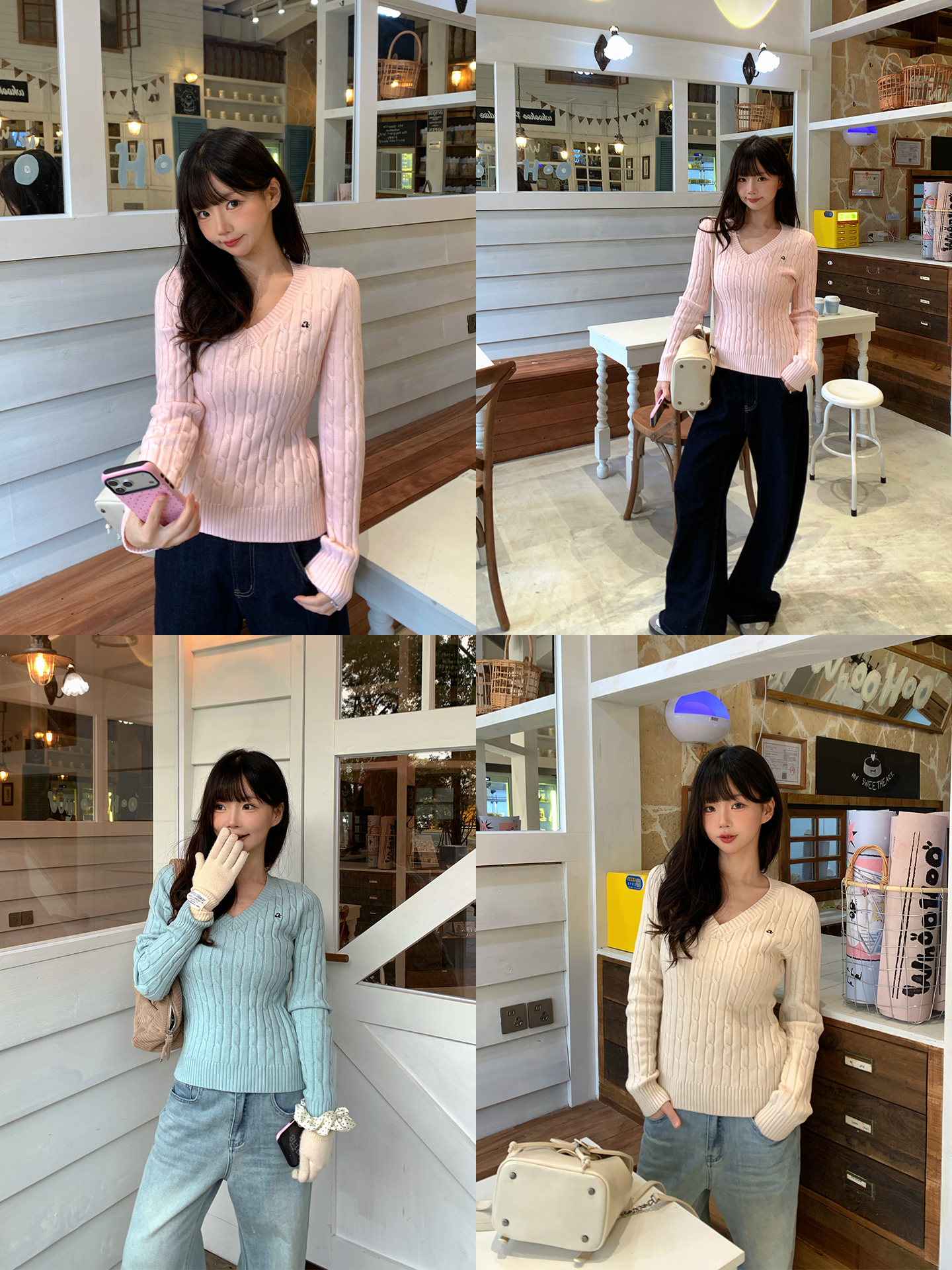 ANA  软糯V领麻花长袖打底女独特设计感韩系套头针织衫毛衣