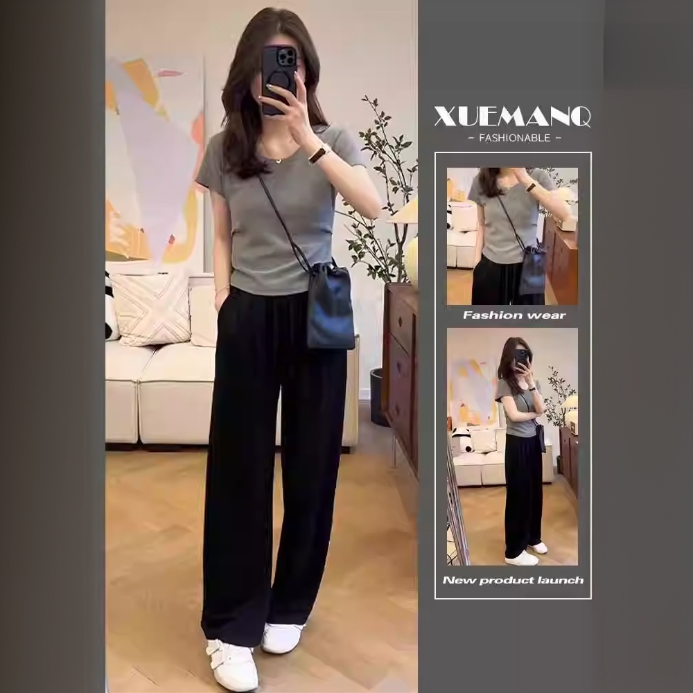 时尚休闲套装女2025夏季新款气质百搭短袖T恤+高腰阔腿裤两件套