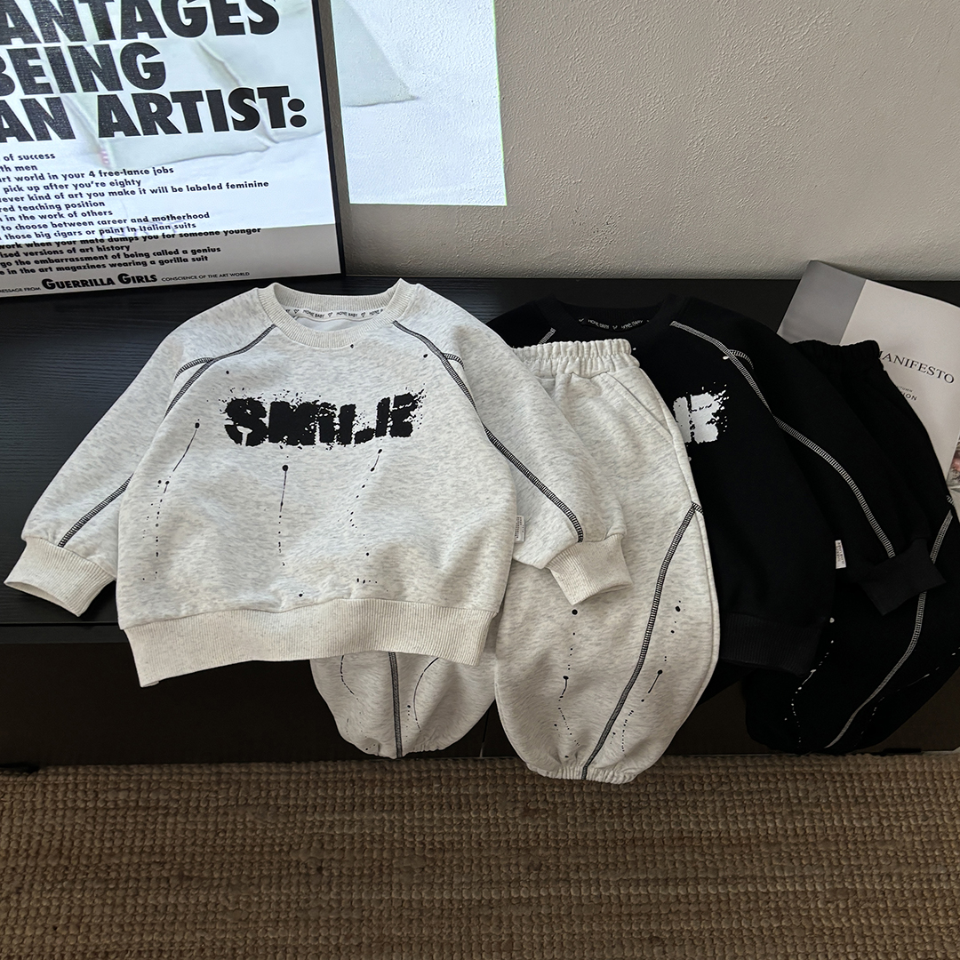 秋季儿童卫衣新款套装圆领韩版拼接洋气男女童俩件套运动休闲6935