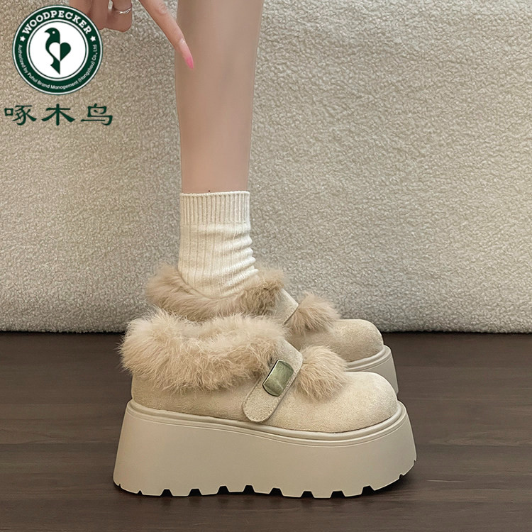 啄木鸟厚底增高加绒勃肯鞋女2025冬季保暖雪地靴毛毛鞋配裙子棉鞋