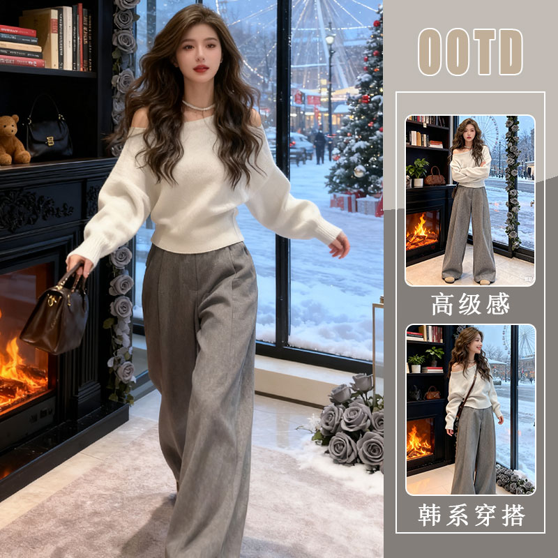 巨好看的秋装一整套韩系高级感小香风灰色斜肩毛衣休闲裤两件套装