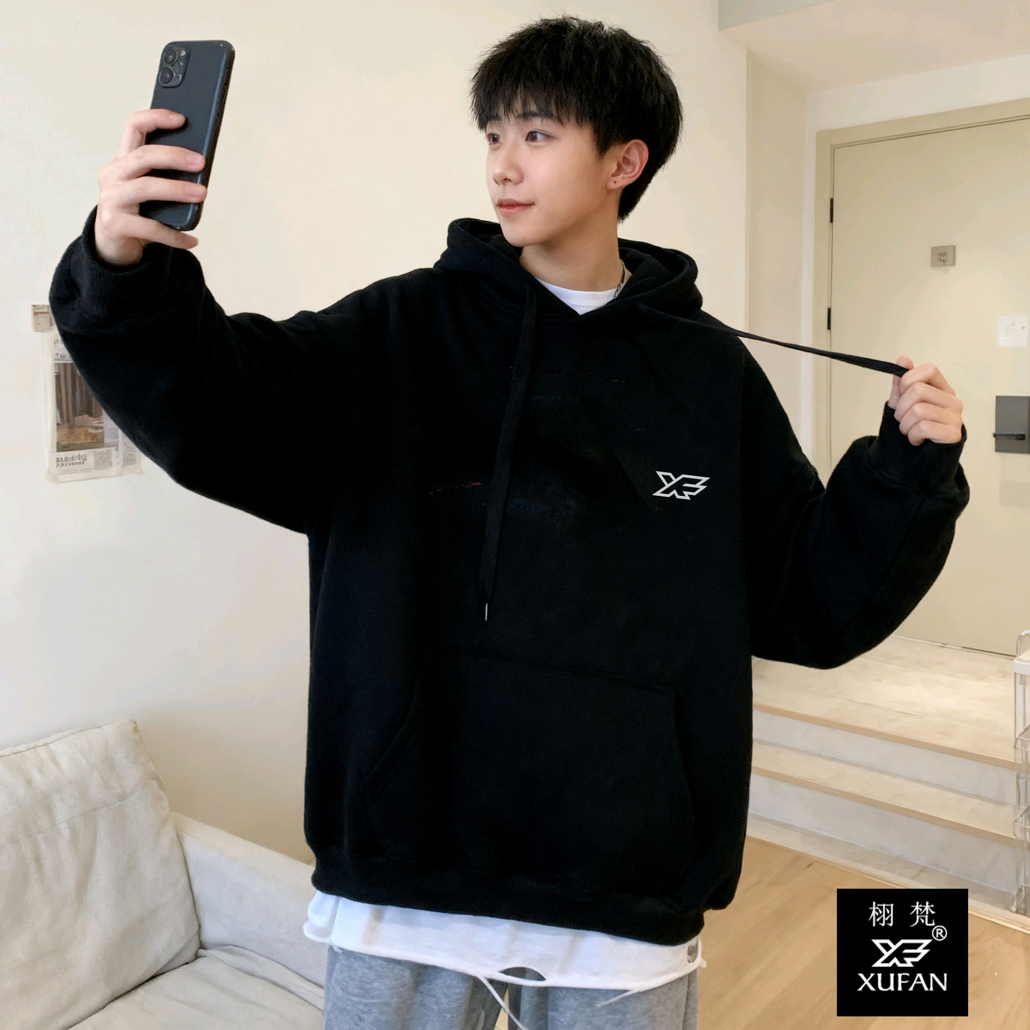 重磅纯棉男生春秋外套高中生带帽卫衣青少年上衣连帽黑色秋冬加绒