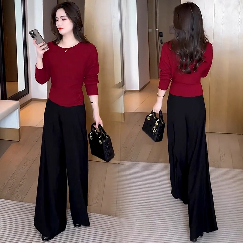 时尚套装女2025秋季新款洋气显瘦圆领打底衫阔腿裤两件套