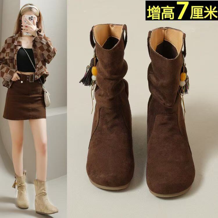 复古勃肯短靴女2025秋冬新款内增高褶皱软底堆堆靴短筒西部马丁靴