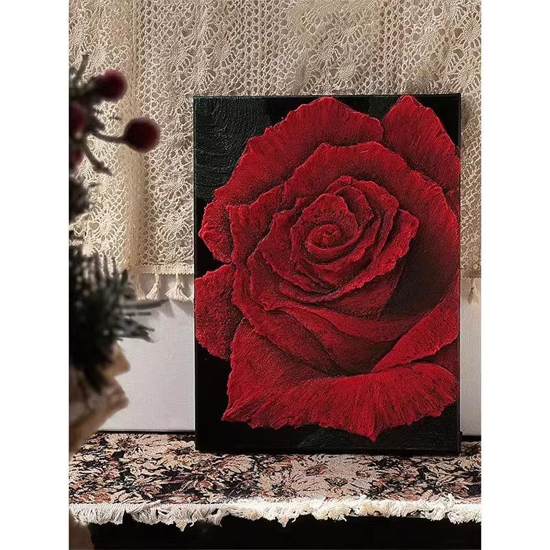 简约现代玫瑰花卉肌理感客厅装饰画摆件桌面摆画高级感挂画壁画