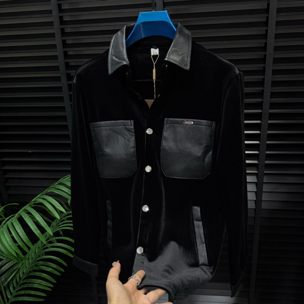 男士冬季外穿轻奢丝绒新款黑色拼接内搭衬衫时尚休闲百搭翻领长袖
