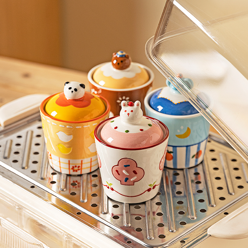 【摩登主妇】动物派对陶瓷盖碗家用茶杯带盖杯子可爱泡茶杯盖碗