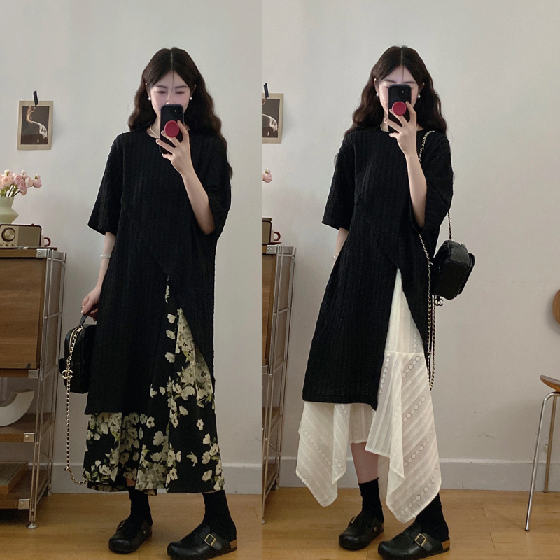 大码夏季新款镂空长款开叉短袖圆领长T恤宽松不规则半裙洋气穿搭