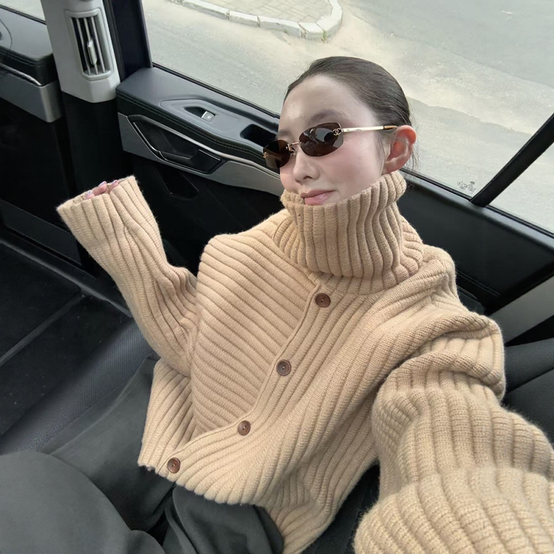 美拉德复古气质高领毛衣外套女秋冬氛围感慵懒宽松针织开衫上衣厚