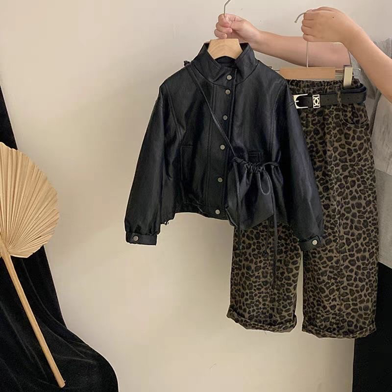 女童潮酷皮夹克外套秋季套装2025款韩版中大童百搭时尚豹纹休闲裤