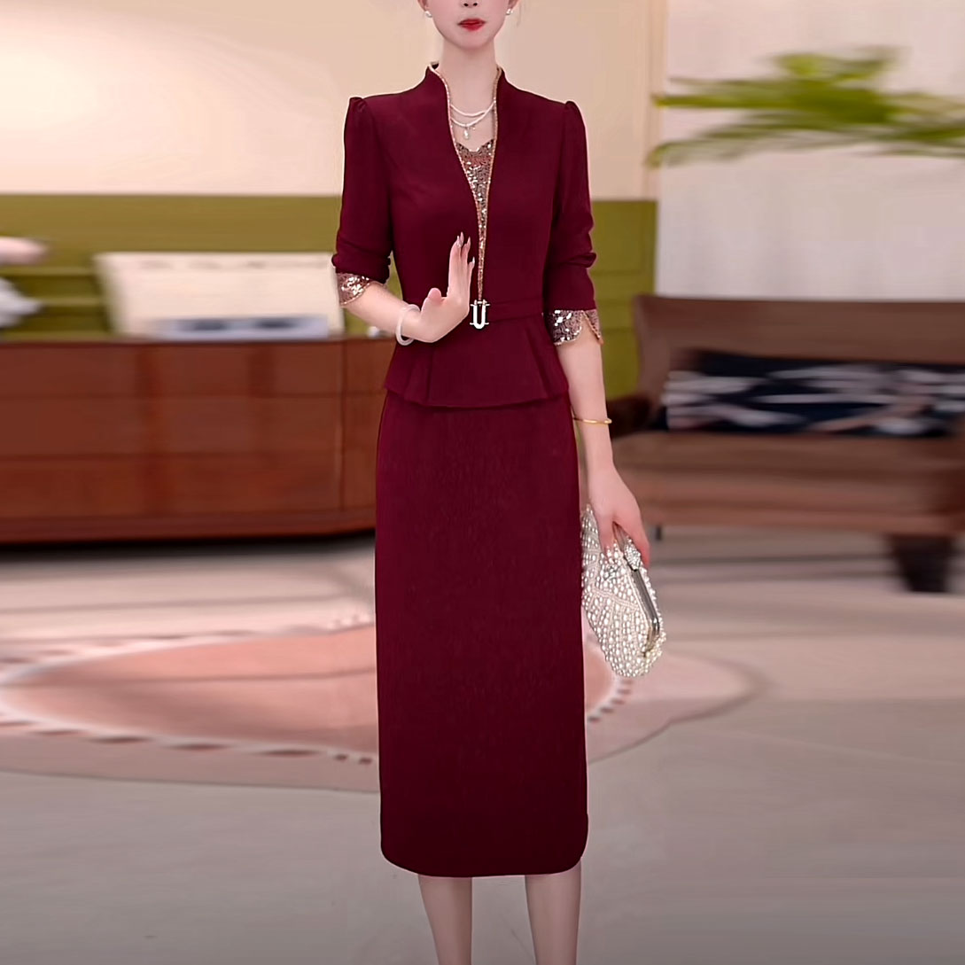 斜纹精纺时尚婚宴礼服裙2025秋季新款假两件修身喜婆婆红色连衣裙