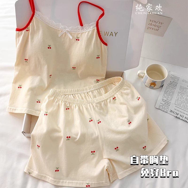 带胸垫夏季吊带性感睡衣女款爆款2025新款小樱桃甜美套装家居服